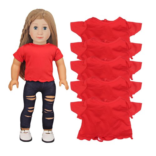 AugFrog 5 Pcs Doll T-Shirts for 18 Inch Dolls, Summer Outfit Doll Clothes Doll Accessories, Short Sleeved T-Shirts Classical Tee Fit for 18 Inch Doll (Red)