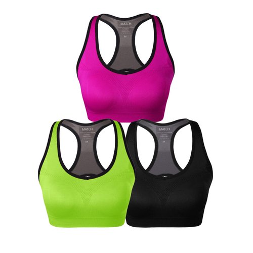 Match Womens Sports Bra Wirefree Seamless Padded Racerback Yoga Bra for Workout Gym Activewear with Removable Pads #001(1 Pack of 3(Black-Bright Green-Plum),S)