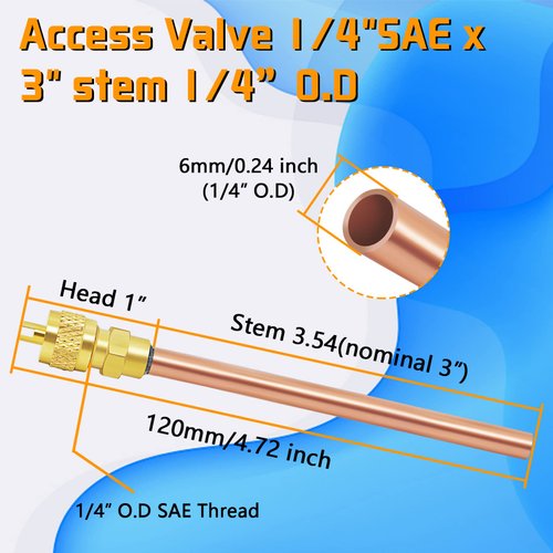 30Pcs Access Service Valve, 1/4'' SAE x 1/4'' OD x 3.54'' Stem Core Brass Copper Filling Access Valves, Air Conditioner Service Valve Charge Needle Valve