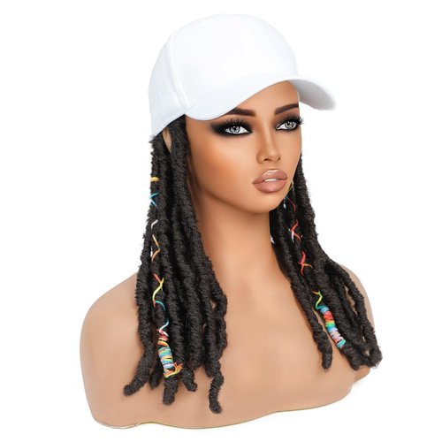 YOUGRACE Baseball Cap Wig with Crochet Faux Locs, Dreadlock Crochet Hair Wig, Straight Faux Locs Crochet Synthetic Hair Soft Braid Hat Wig(White Cap-Dark Brown Braid)
