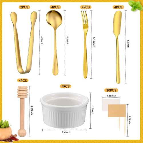 Charcuterie Board Accessories Utensils Cheese Butter Spreader Knives Set Include Serving Tongs, Knives, Spoons, Forks, Toothpick Flags, Honey Dippers, Bowl for Christmas Pastry Making (Gold)