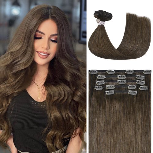 Honsoo Seamless Medium Brown Clip In Hair Extensions Real Human Hair 18in 70g 7pcs Vrigin Natural Hair Extensions For Women