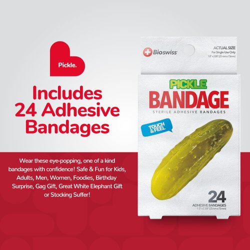 BioSwiss Bandages, Pickle Shaped Self Adhesive Bandages, Latex Free Sterile Wound Care, Fun First Aid Kit Supplies for Kids, 24 Count
