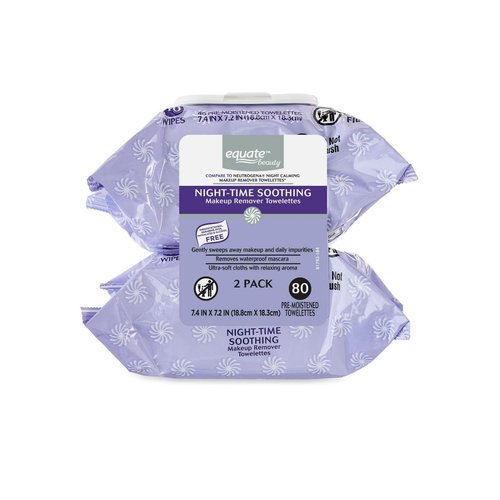 Equate Pre-Moistened Night-Time Soothing Makeup Remover Towelettes, 80 Ct, 2 Pk