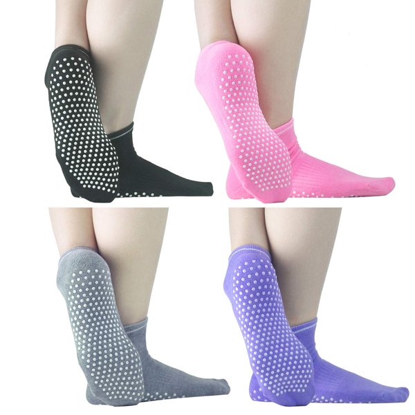 ELUTONG Non Slip Yoga Socks for Women Anti-Skid Pilates,Ballet,Barre Sticky Grips Socks at Home & Hospital (4 Packs)