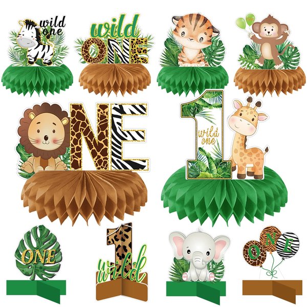 10 PCS Wild One Honeycomb Centerpieces Birthday Decorations for Boys and Girls Safari Centerpieces for Tables 3D Double Side Baby Shower Jungle Animals Party Decorations