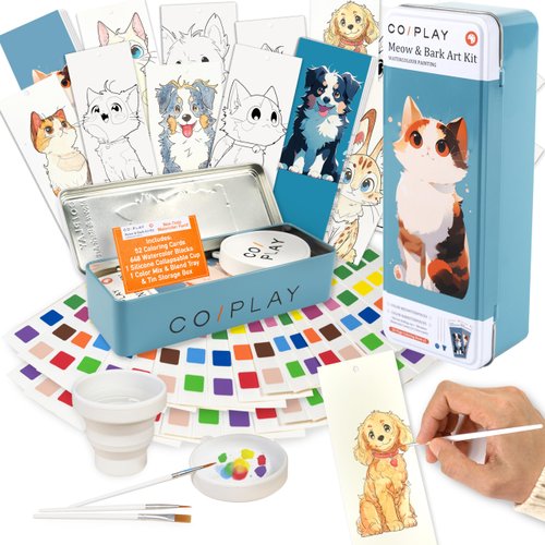 COIPLAY 648 Color Blocks Watercolor Paint Set, 52-Bookmarks, 3 Brushes, Silicone Cup, Meow/Bark Coloring Books, for All Ages, All in One Art Supplies, Birthday Gift, Christmas Gift, Gift for Adults