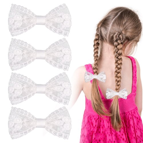 4pcs White Lace Hair Bow for Girls 3in Cute Hair Clips for Baby Christmas White Bow Hairpins for ...