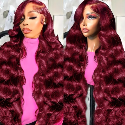 Lukymart 28 Inch 99J Burgundy Lace Front Wigs Human Hair 13x6 HD Transparent Body Wave Lace Front Wigs Human Hair Pre Plucked 99j Burgundy Red Wine Glueless Human Hair Wigs for Women