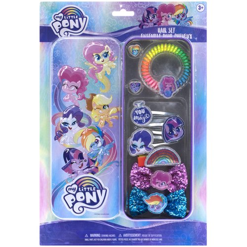 Townley Girl My Little Pony Hair Accessory Collection, 9 Pieces Including Hair Coil, Tin Case, Hair Clip, Snap Clips, Bows, and Rings