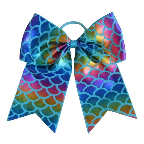 NEW "MERMAID FOIL Aqua" Cheer Bow Pony Tail 7 Inch Hair Bows Cheerleading Dance Practice Football Games Competition Birthday Metallic Rainbow Sparkle Grosgrain Ribbon
