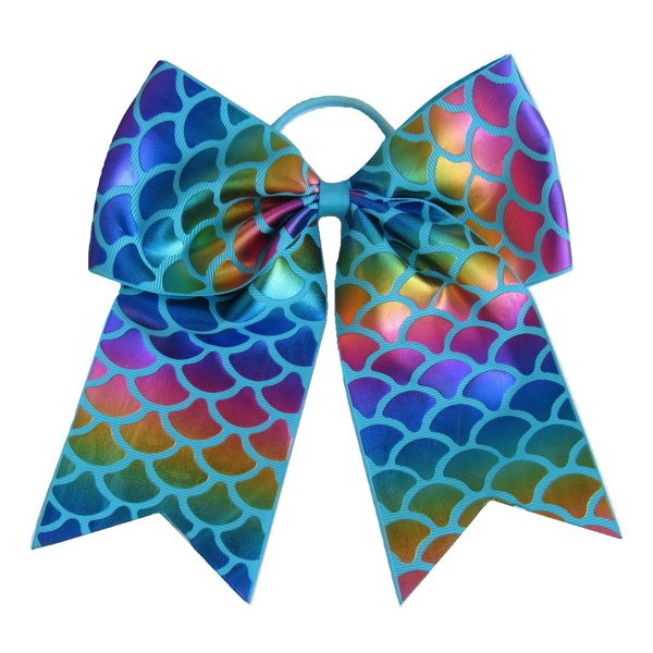 NEW "MERMAID FOIL Aqua" Cheer Bow Pony Tail 7 Inch Hair Bows Cheerleading Dance Practice Football Games Competition Birthday Metallic Rainbow Sparkle Grosgrain Ribbon