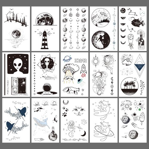 Oottati 15 Sheets Temporary Tattoo Stickers Glow in Dark Children Night Luminous Fluorescent Green Light Rainbow Rocket Alien Planet Astronaut Milky Way