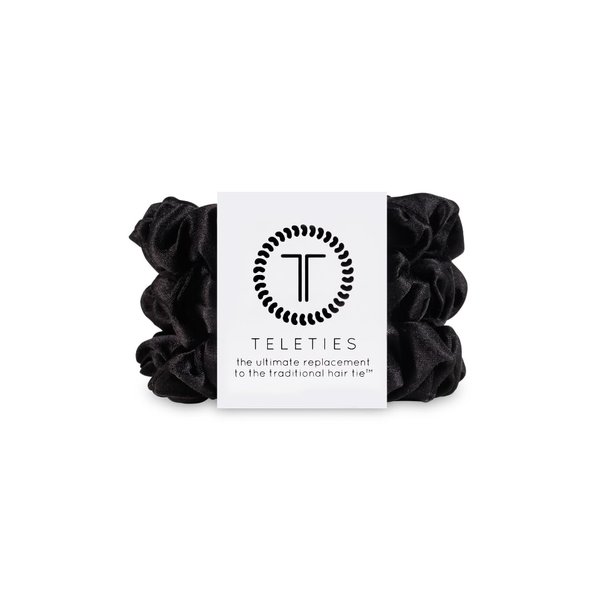 Teleties Silk Scrunchie, 100% Natural Silk Hair Scrunchie, Soft & Gentle on Hair, Prevents Breakage & Damage, Safe for Sleep, Ideal for Thin-Medium Hair, Jet Black - Small, 3 Count
