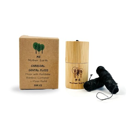 Vegan Biodegradable Bamboo Charcoal Dental Floss with Refillable Bamboo Container | Free Refill | Natural Candelilla Wax | 55yds x2 | Peppermint Essential Oil | Eco Friendly | Zero Waste Oral Care