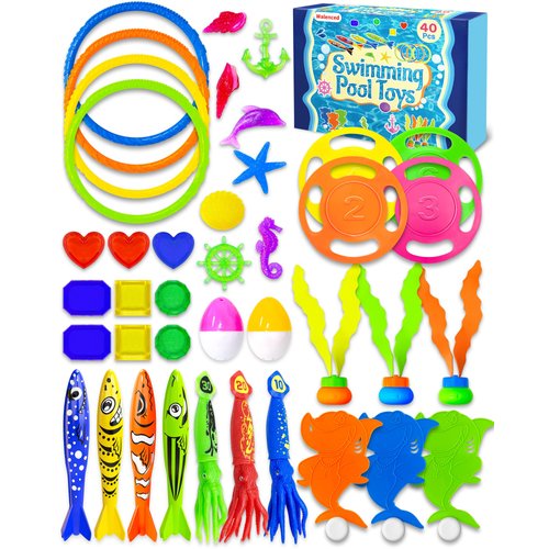 40 Pcs Diving Pool Toys for Kids Ages 4-8, Beach Toys with Storage Box, Summer Swimming Pool Toys, Pool Game Toys for Kids, Water Toys for Kids Ages 3-5 4-8 8-12