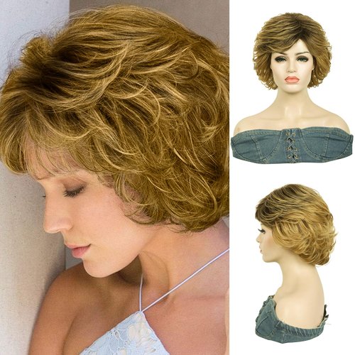 Kalyss Short Curly Wavy Ombre Blonde Wigs with Hair Bangs Natural Looking Dark Roots Synthetic Full Hair Wig