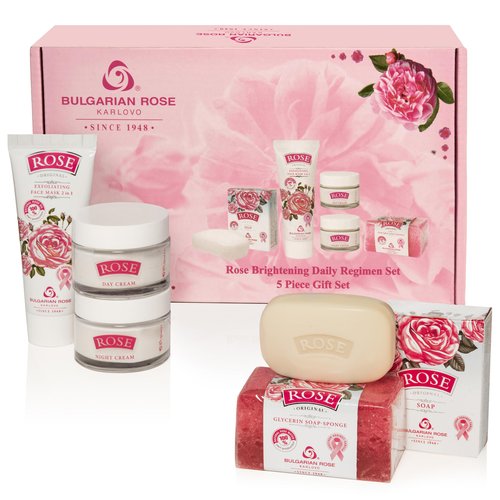 Rose Bulgarian 5 Piece Gift Set with Bulgarian Natural Soap, Soap Sponge, Exfoliating Face Mask, Day Face Cream, Night Cream