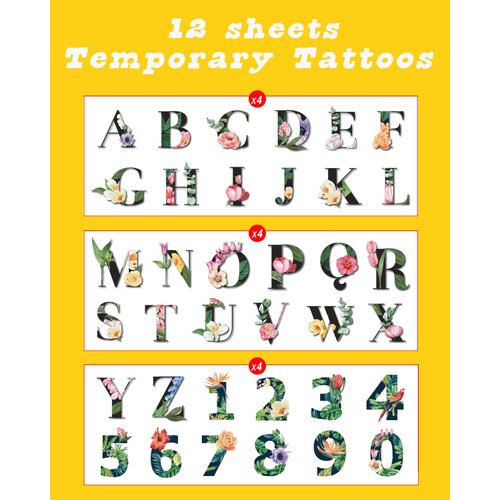 Casciybo Letter Temporary Tattoo for Women Girl, 12 Colorful Forged English Letters, Flowers English Letters waterproof Tattoo Stickers, for Adult Children's Body Arm Birthday Party Gifts