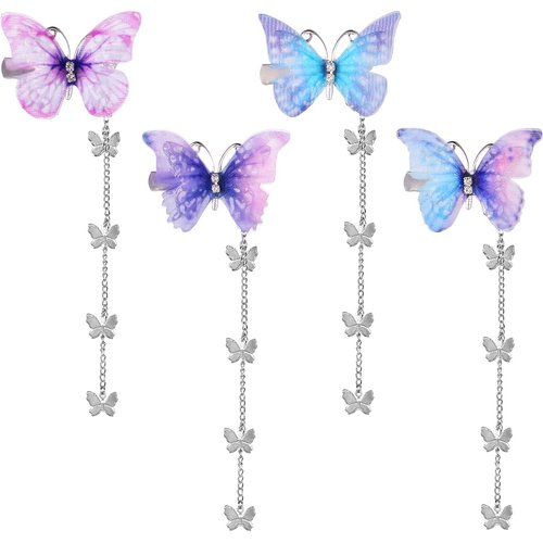 Qianyu 4 Pcs Tassel Butterfly Hair Clips Cute Fabric Alligator Barrettes Hanging Butterfly Hairpin Hair Accessories for Women Girls Prom Birthday Party Wedding Bride Halloween