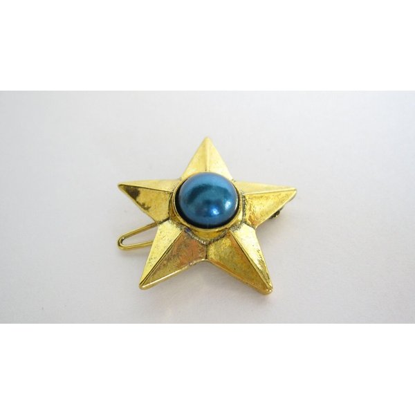 Small distressed vintage look gold and blue star hair clip barrette (set of two)