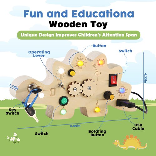 Wooden Busy Board With Led Light Switch Toys for Toddlers,Sensory Board Toy,Baby Activity Button Toy Light Switch Toys Travel Toys,Gifts for 3-5 Year Old Kids,Montessori Toys for 3+ Year Old(Dinosaur)