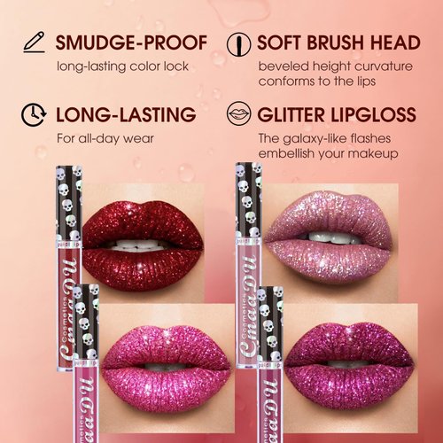 AKARY Shimmer Liquid Lipstick Long Lasting, Skull Diamond Metallic Shiny Glitter Glossy Shimmery Finish Waterproof Lip Gloss for Women, High Pigmented Nonstick Cup Lipstick Makeup for Lips, 01