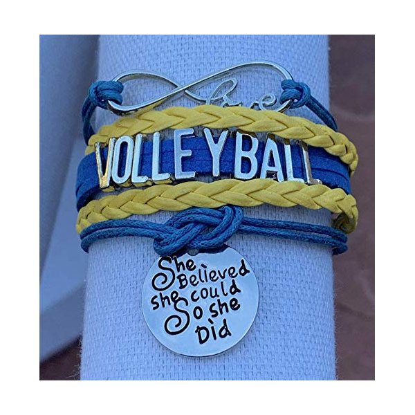 Sportybella Volleyball Charm Bracelet - Volleyball Jewelry - Volleyball She Believed She Could Bracelet for Volleyball Players - Volleyball Gifts for Players (Blue/Yellow)