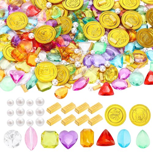 Seenelling 330 Pcs Pool Toys Pirate Treasure Pirate Gold Fake Coins Plastic Acrylic Colored Gems Fake Gems Mini Gold Bars for Summer Beach Bath Toys Halloween Pirate Adventure Party Decorations