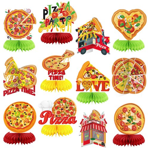 Weekgrat 12 Pcs Pizza Party Honeycomb Centerpieces Decorations Pizza Birthday Party Favors Table Sign for Birthday Baby Shower Food Party Supplies