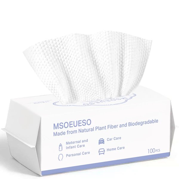 Disposable Face Towel, MSOEUESO 100% Cotton Facial Tissues, Dry Face Cloths, Biodegradable Clean Towels, Makeup Remover Wipes, Ultra Soft for Adults and Baby 100 count, 1 pack