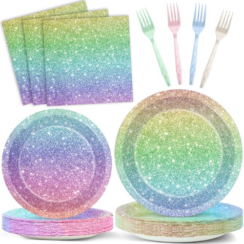 Rainbow Birthday Party Plates Napkins Forks Rainbow Glitter Tableware Set Happy Birthday Dinnerware Colorful Unicorn Glitter Supply for Kids Girls Women Princess Wedding Parties Decorations Serve 24