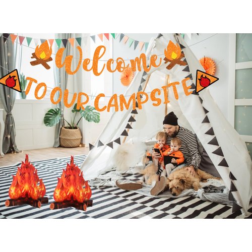 Camping Themed Party Decorations,Pre-strung Glitter Welocme to Our Campsite Banner with 3D Campfire,Camping Hiking Decor Camp Out Bachelorette Party Decorations