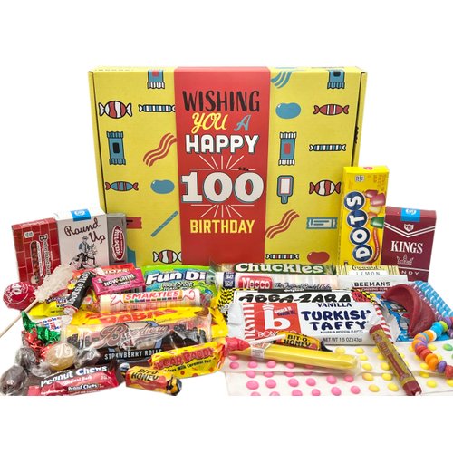 RETRO CANDY YUM ~ 100th Birthday Gift Box of Nostalgic Retro Candy from Childhood - Birthday Gifts for 100 Year Old Woman or Man - Table Centerpiece Party Decoration