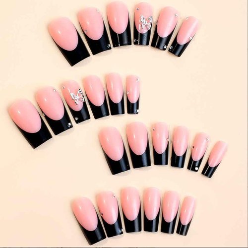 Foccna Square Press on Nails Long French, Pink Fake Nails Acrylic Black False Nails,Crystal Artificial Nails for Women and Girls, 24pcs (Nails 2)