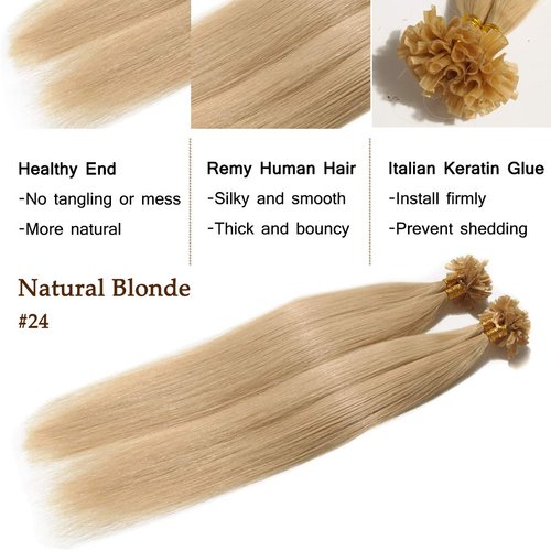 SEGO Pre Bonded U Tip Hair Extensions Human Hair 100 Strands Keratin Fushion Nail Tip Human Hair Extensions 100% Real Remy Hair Silky Straight #24 Natural Blonde 20 inches 50g