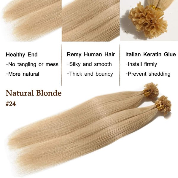 SEGO Pre Bonded U Tip Hair Extensions Human Hair 100 Strands Keratin Fushion Nail Tip Human Hair Extensions 100% Real Remy Hair Silky Straight #24 Natural Blonde 20 inches 50g
