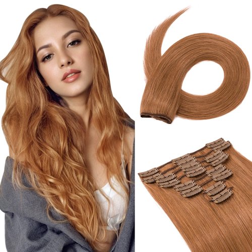 Clip on Hair Extensions Real Human Hair Auburn Hair Extensions Clip in Human Hair #30 Light Auburn 22inch Long Straight Remy Natural Full Head 8pcs Real Hair Extensions for Women