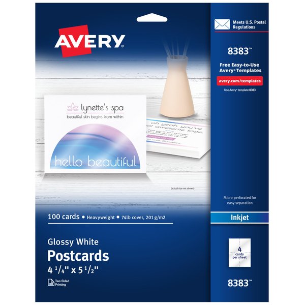 Avery Printable Postcards, 4.25" x 5.5", Glossy White, 100 Blank Postcards for Inkjet Printers (08383)