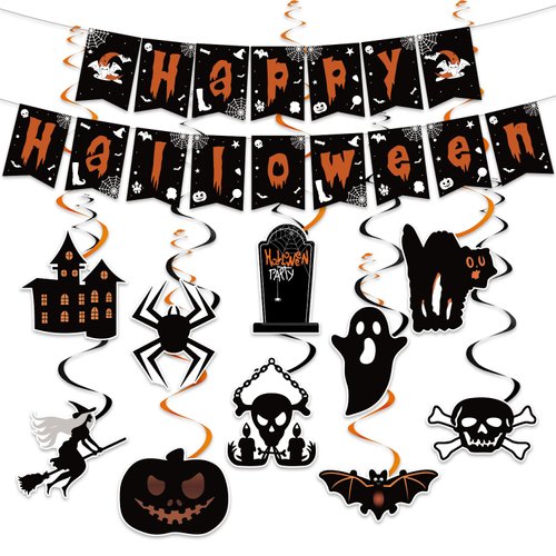36Pcs Halloween Birthday Banner Party Hanging Swirls Indoor Decorations, Cute Ghost Pumpkin Ceiling Hanging Streamers for Halloween Birthday Themed Party Decorations