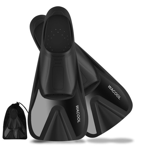 WACOOL Adult Short Light Full Foot Pocket Travel Size Fins Short Blade Fins Flippers for Snorkeling Diving Scuba or Swimming Training (Black XL)