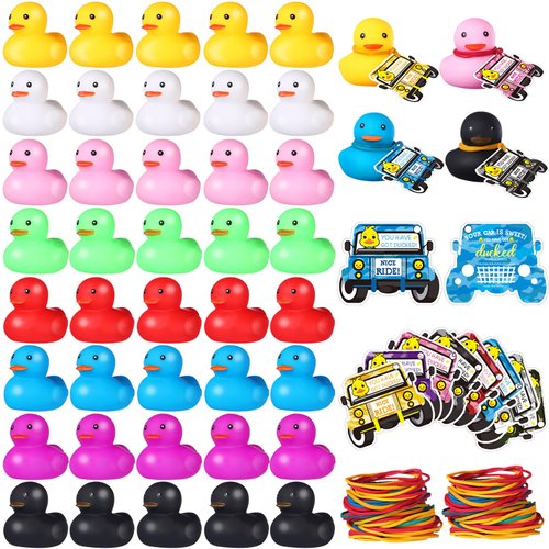 Sratte 120 Pcs Duck Tags with Rubber Ducks, Ducks Bulk with Tags for Ducking Kit Includes 40 Ducky 40 Gift Cards 40 Rubber Bands for Ducking Game Carnivals Shower Valentine Party Favor(Cute Style)