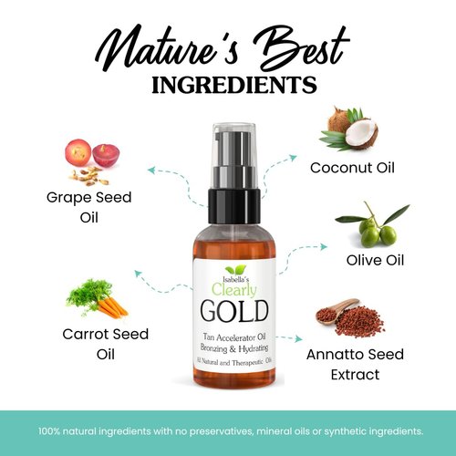 Isabella's Clearly GOLD, Natural Indoor and Outdoor Tanning Oil with Bronzer | Moisturizing Sun Tan Accelerator for a Healthy Bronze Glow with Carrot Seed Oil | Made in USA