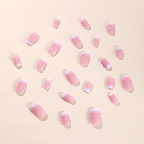 Square Press on Nails Short, LPOODDNU Gradient Pink White Press on Nails Short Fake Nails French False Nail Tips Full Cover Glue on Nails for Women Girls Nail Art Decorations, 24Pcs