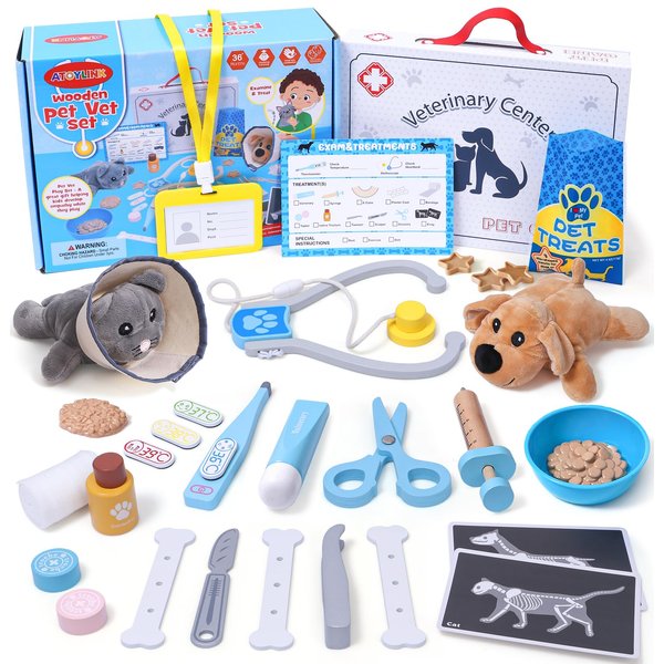 Atoylink Wooden Doctor Kit for Kids Pet Care Vet Play Set with Dog Cat Plush Toys & Medical Bag, 31pcs Veterinarian Role Play Toys Toddler Pretend Play for 3 4 5 6 Year Old Boy Girl Birthday Gifts