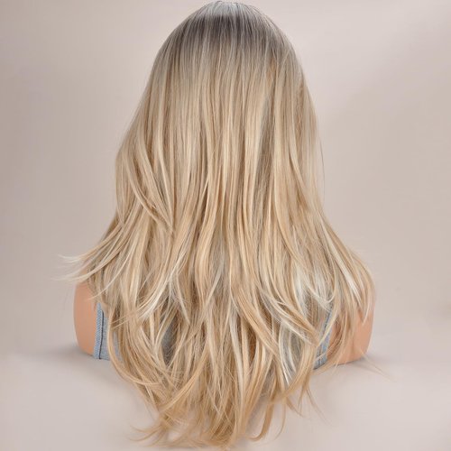 Vieuinaux Blonde with Dark Roots ombre Wigs With Bangs,Long Wavy Straight Blonde Wigs for Women Heat Resistant Synthetic Wigs For Daily (Ombre Blonde Wave)