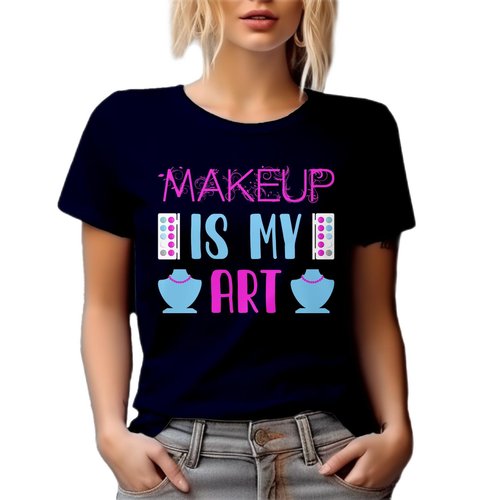 Makeup is My Life Quote with Eyeshadow Palette, Beauty Themed Merch Gift for Makeup Artist or Lovers, Cosmetologists & Beauticians, Navy Blue T-Shirt, Small