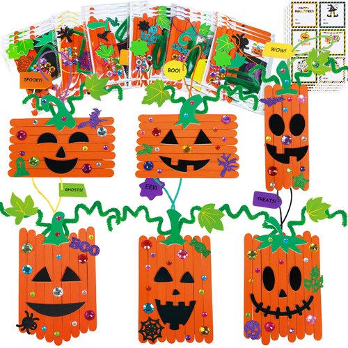 Winlyn 24 Sets Fall Crafts Kits Halloween Crafts Individual Fall Kids Crafts DIY Pumpkin Fall Decorations Craft Sticks Pumpkin Foam Stickers Arts and Crafts for Kids Classroom Activities Party Favors