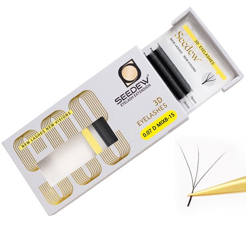 SEEDEW® Eyelash Extension Lash Clusters 3D W Shape 8-15mm Mixed Length Professional Volume Soft Natural Lashes Supplies for Beauty Salon, Eyelash Extension Shop, Lash Artist (3D-0.07-D-Matte Black)