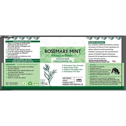 Kisskin's Organic Rosemary Mint Scalp & Hair Strengthening Oil With Castor Oil,Olive Oil,Coconut,Eucalyptus,Ginger Root,Tea Tree Leaf, Infused With Biotin For Daily Use. 2oz